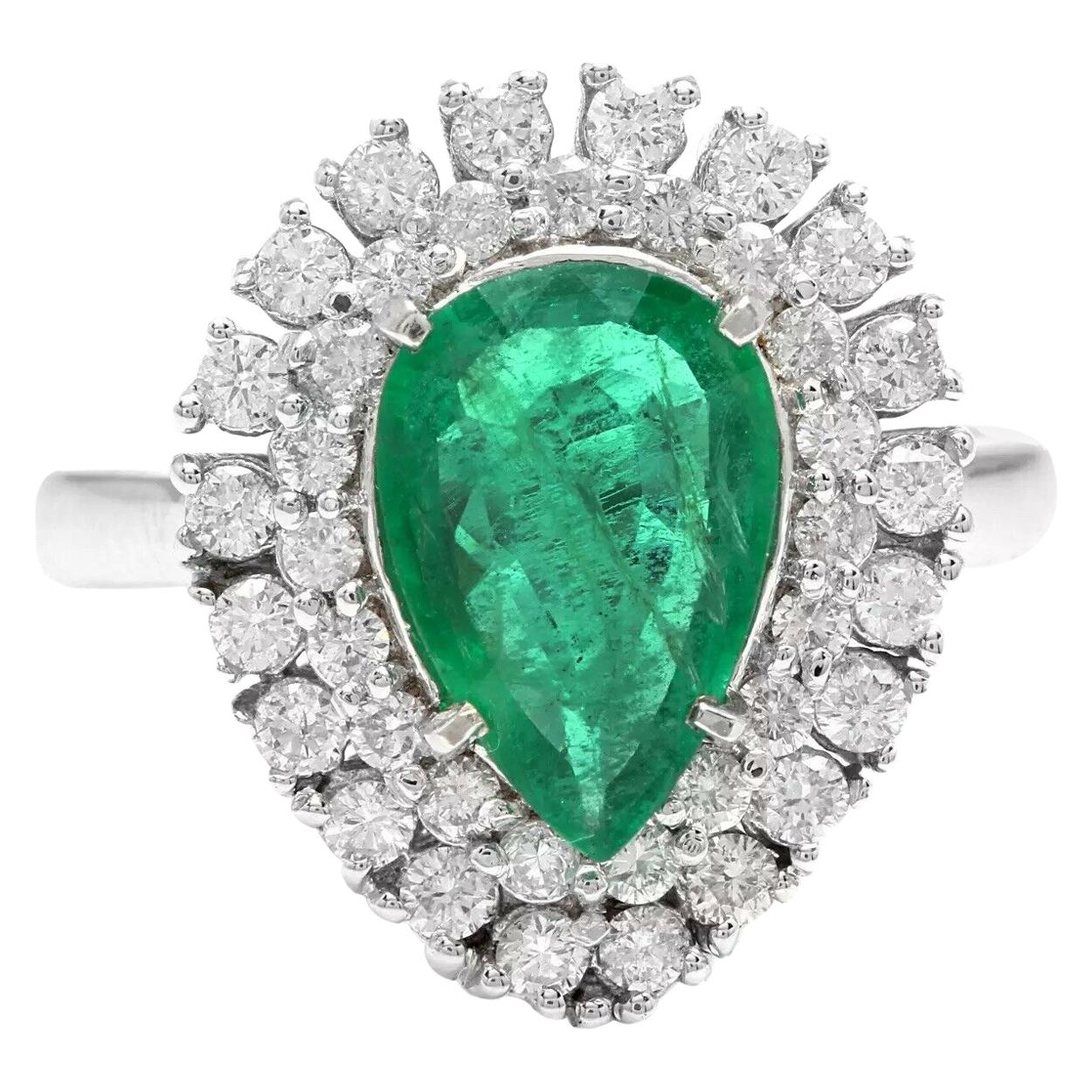Esmeralda natural de 3,70 quilates y diamante Anillo de oro blanco macizo de 14 quilates