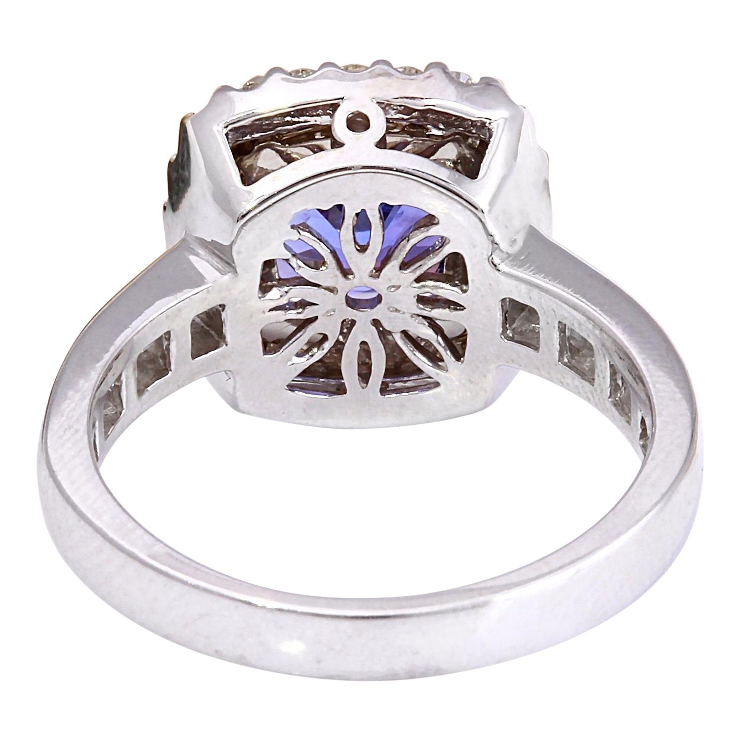 Cushion Cut Tanzanite Diamond Ring In 14 Karat Solid White Gold  For Sale