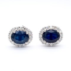 Zaffiro blu scuro ovale da 3,70 carati e diamante aureolato da 0,48 carati, borchia in oro bianco 18 carati
