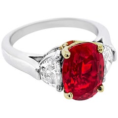 3.70 Carat Oval Ruby Ring with Half-Moon Side Diamonds in Platinum