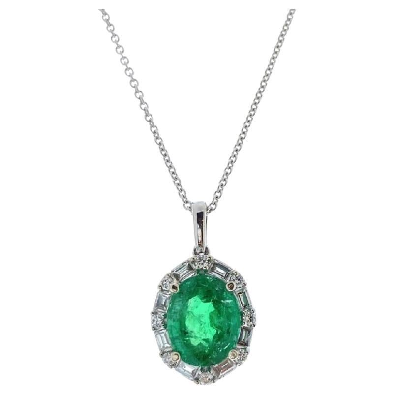 3.70 Carat Oval Shape Green Emerald & Diamond Pendants In 14k White Gold  For Sale