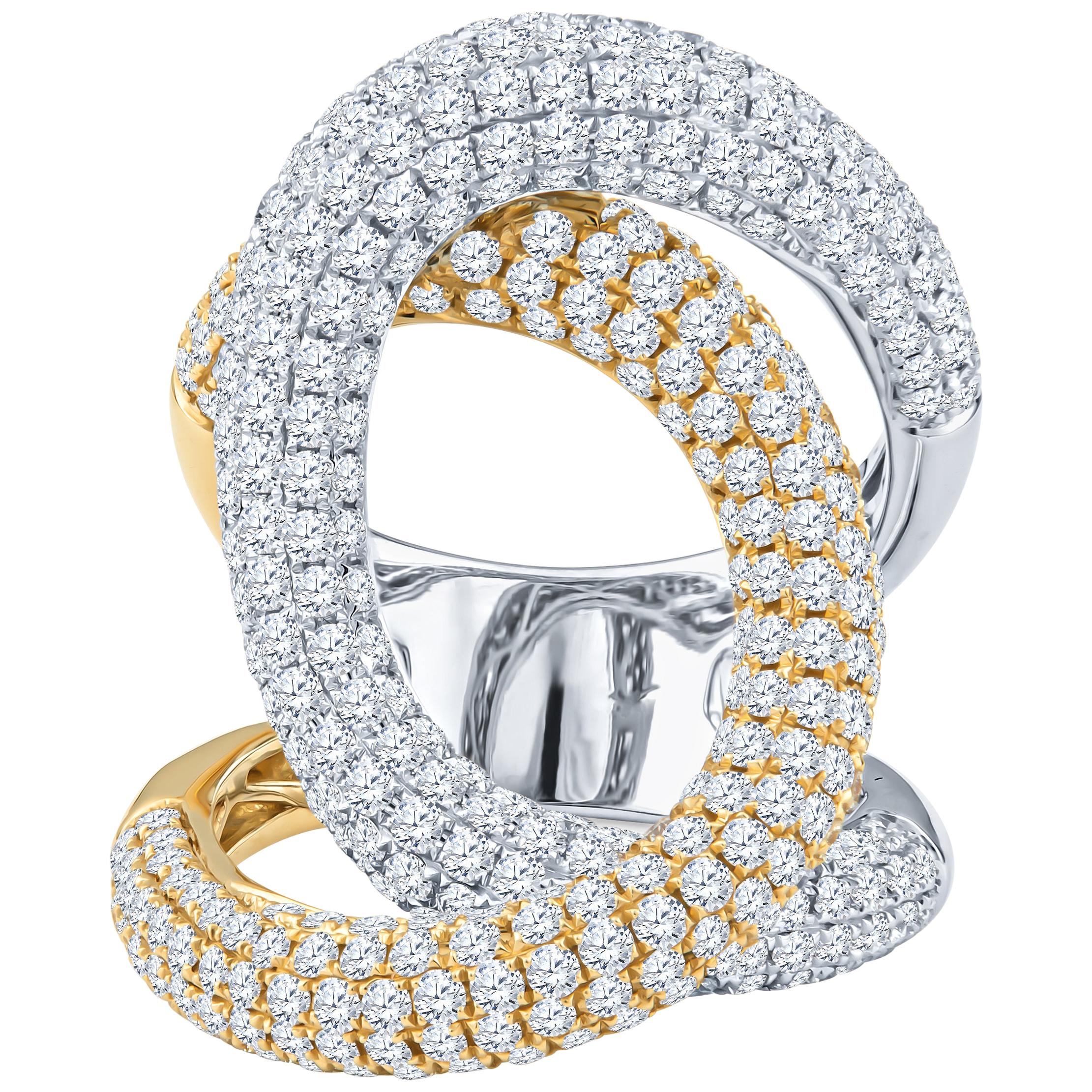 3.70 Carat Pave Diamond 18 Karat White and Yellow Gold Swirl Ring For Sale