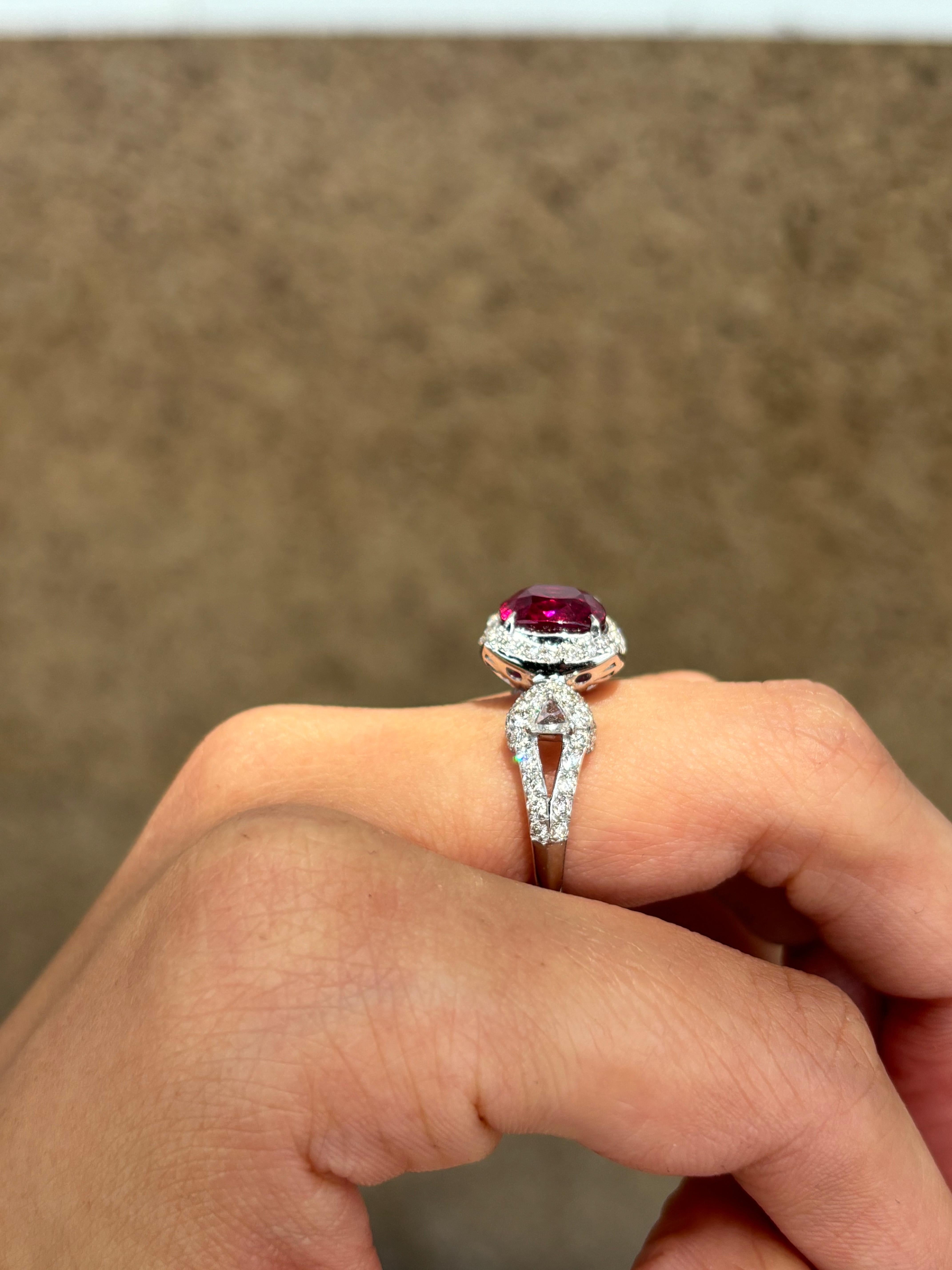 Cushion Cut 3.70 Carat Rubelite and Diamond Cocktail Ring in 18K White Gold For Sale
