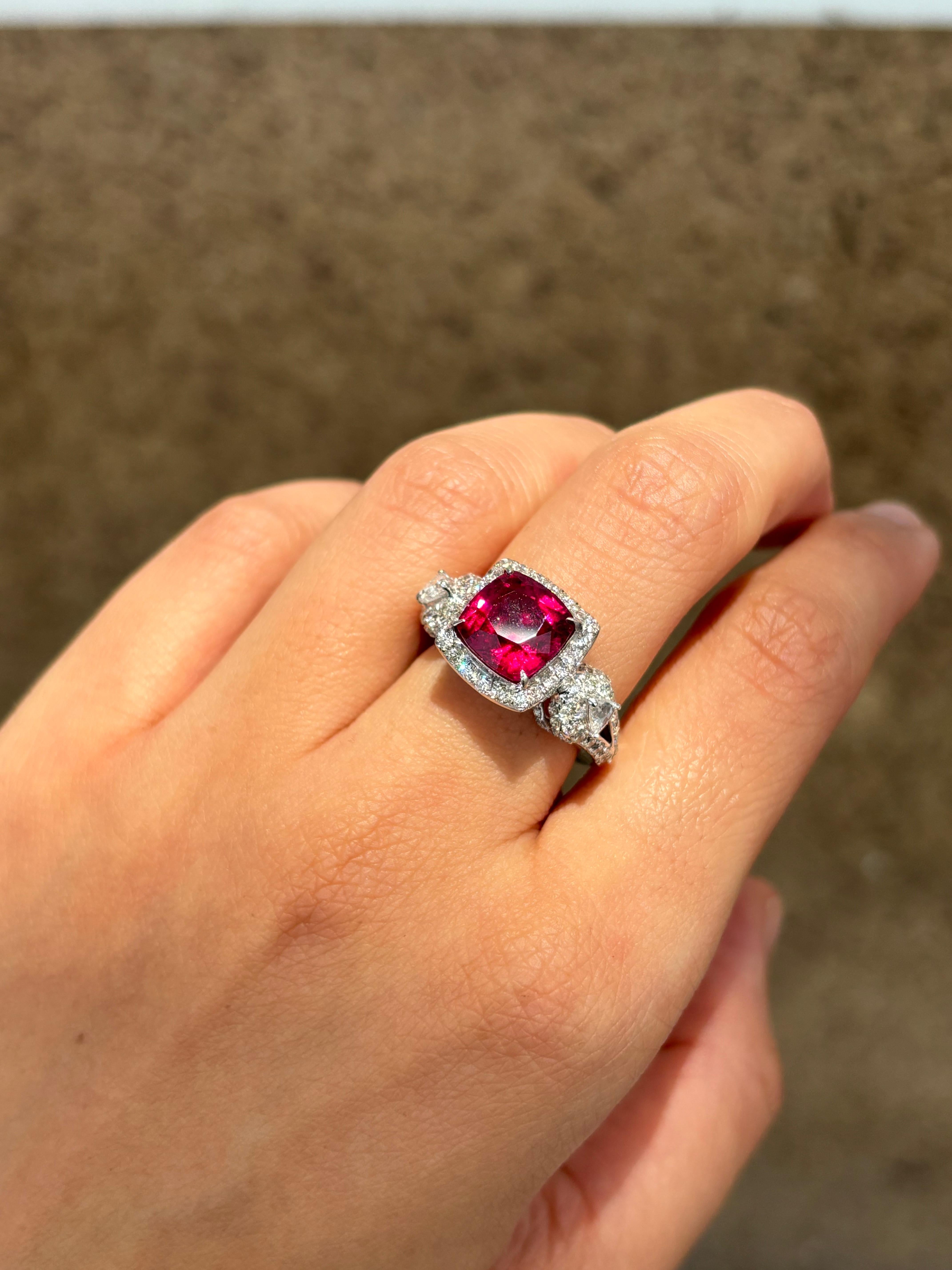 Women's 3.70 Carat Rubelite and Diamond Cocktail Ring in 18K White Gold For Sale
