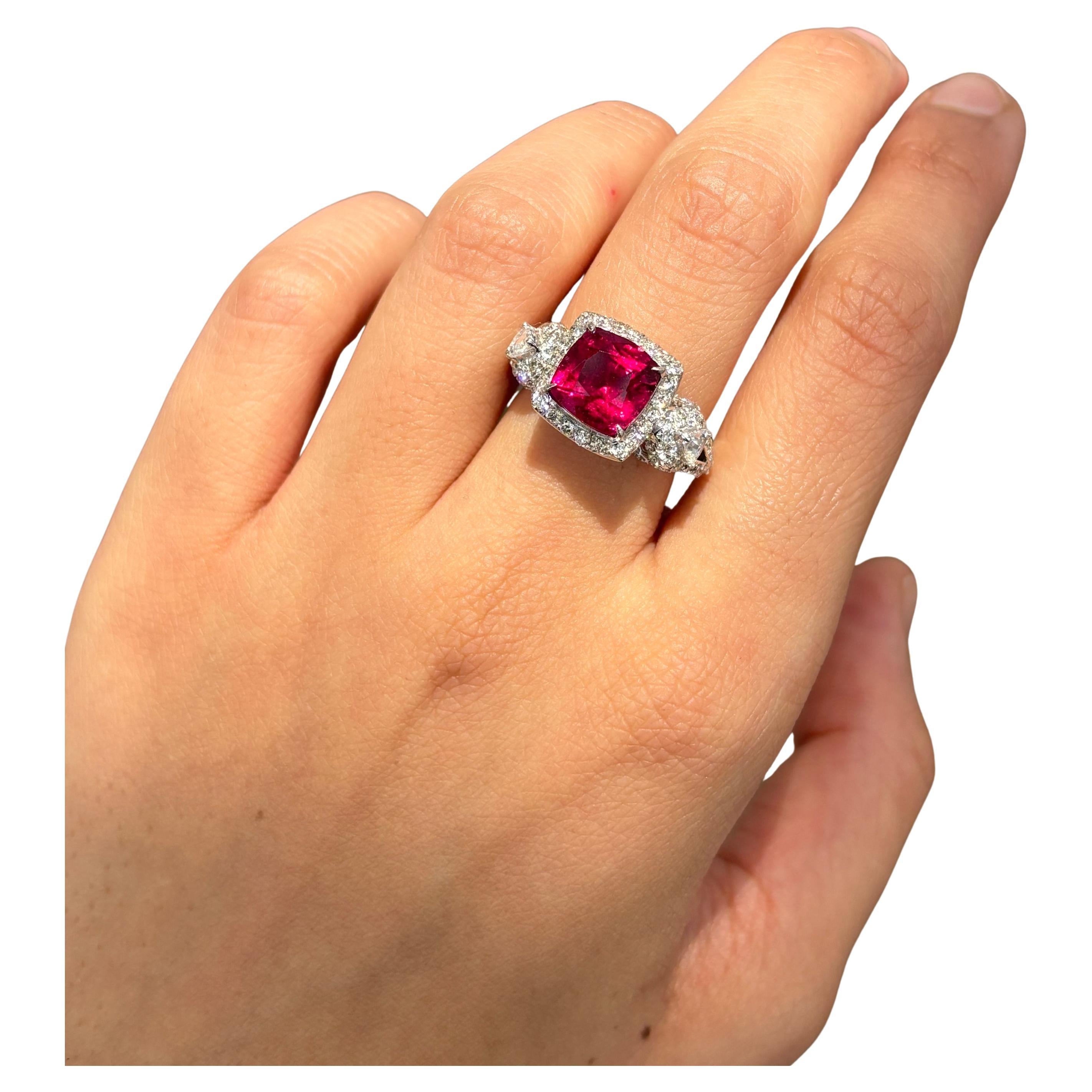 3.70 Carat Rubelite and Diamond Cocktail Ring in 18K White Gold