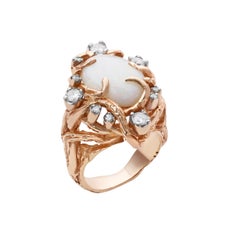 3.70 Carats Cabochon Ethiopian White Opal & Diamond Cocktail Ring in Yellow Gold