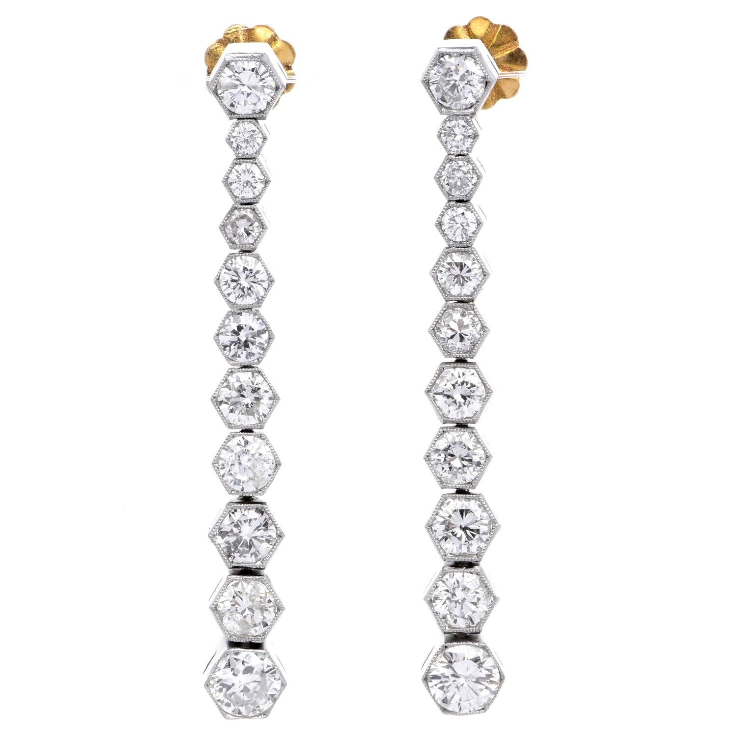 3,70 Karat Diamant Platin Sechseckige Glieder-Ohrringe mit Abschluss (Retro)