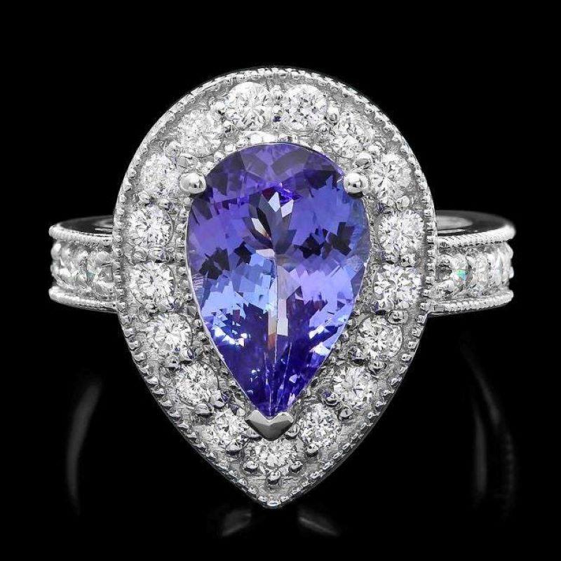 Mixed Cut 3.70 Carats Natural Tanzanite and Diamond 14K Solid White Gold Ring For Sale