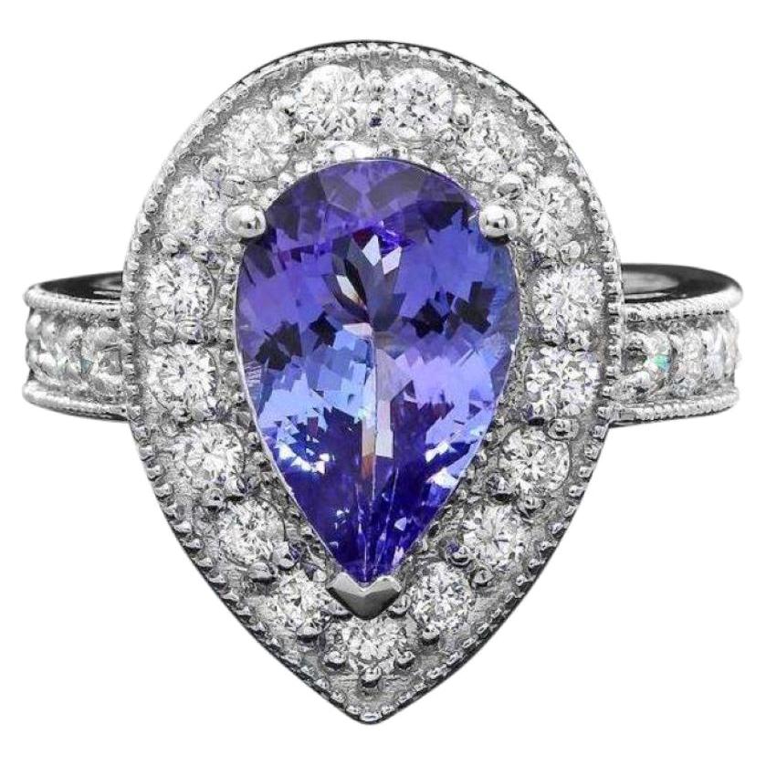 3.70 Carats Natural Tanzanite and Diamond 14K Solid White Gold Ring For Sale