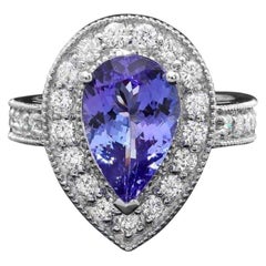 3.70 Carats Natural Tanzanite and Diamond 14K Solid White Gold Ring