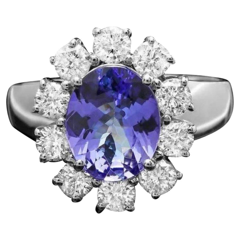 3.70 Carats Natural Tanzanite and Diamond 14K Solid White Gold Ring