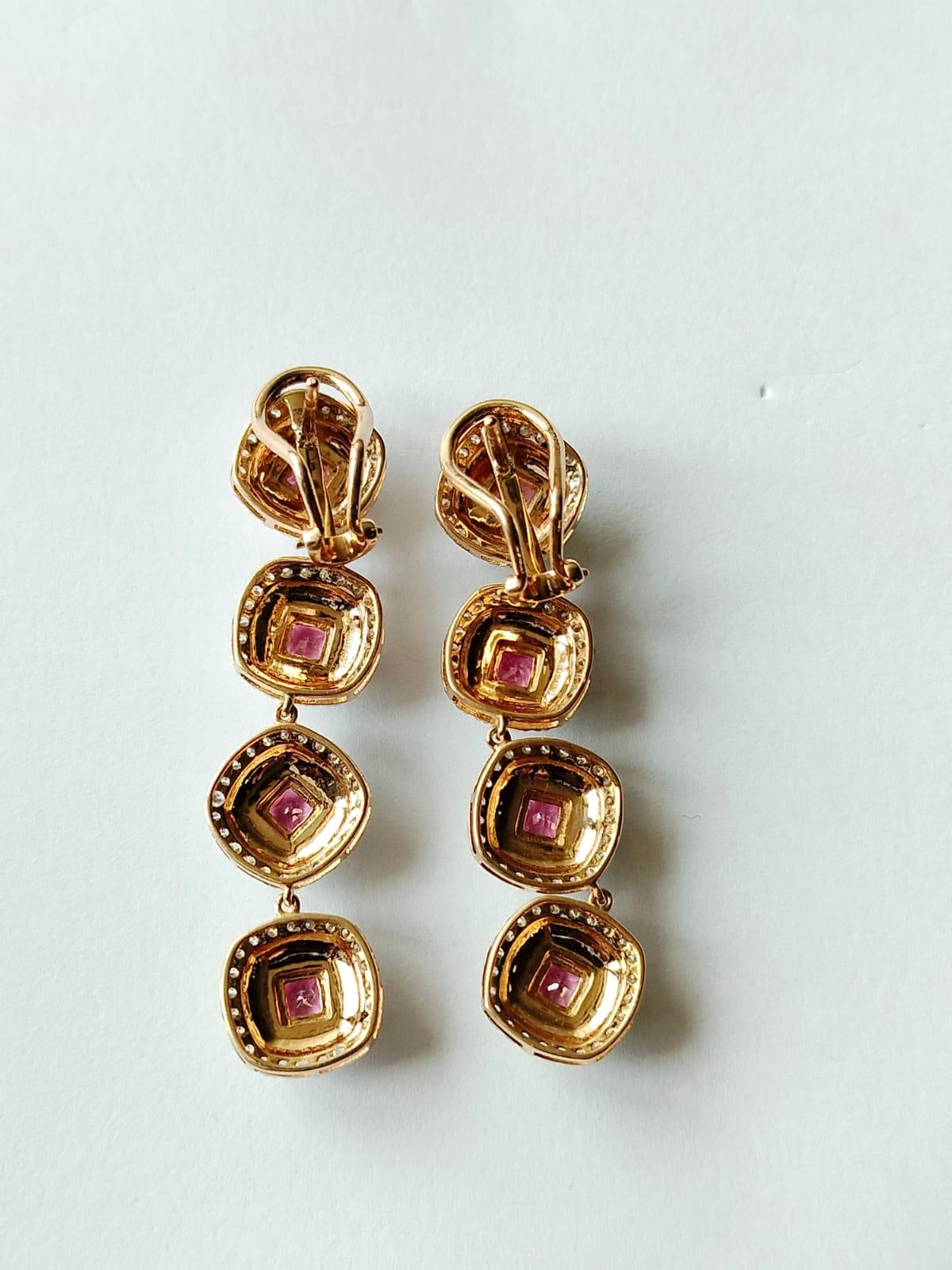 Women's 3.70 carats Pink Sapphire, White Enamel & Diamonds Chandelier/Dangle Earrings For Sale