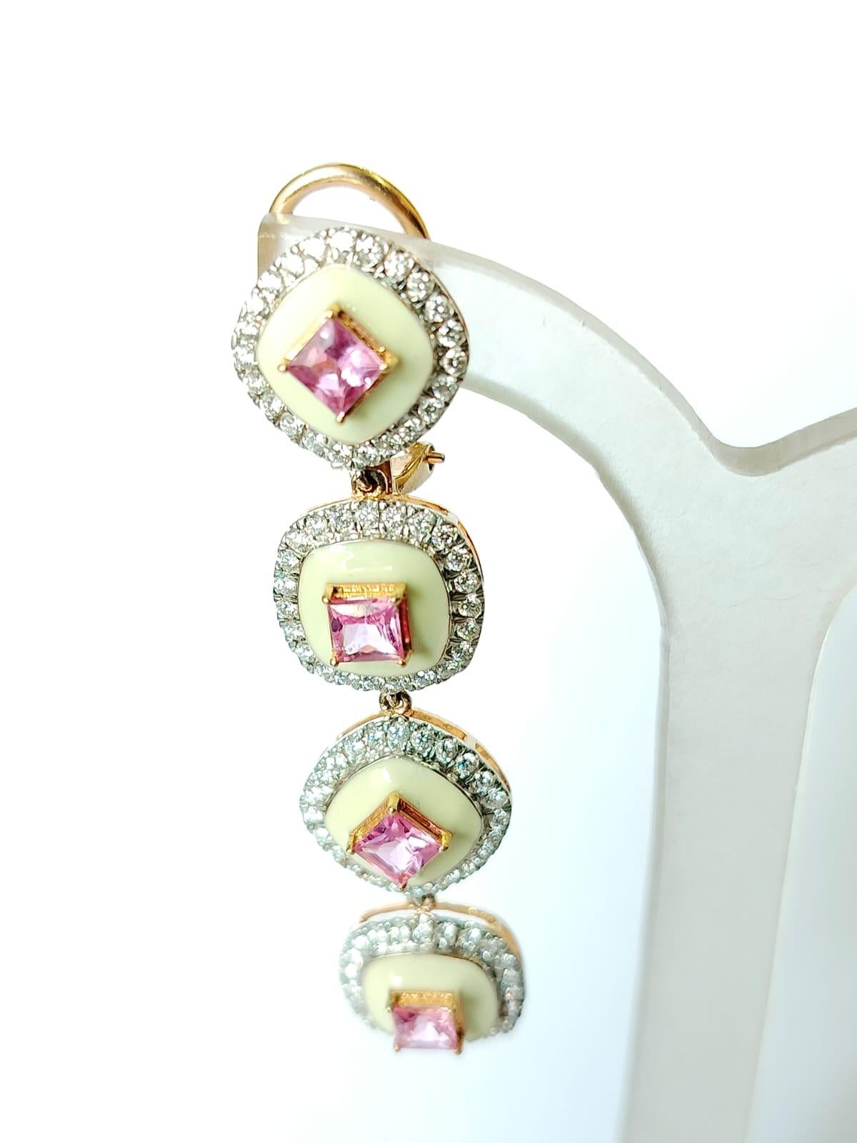3.70 carats Pink Sapphire, White Enamel & Diamonds Chandelier/Dangle Earrings For Sale 1