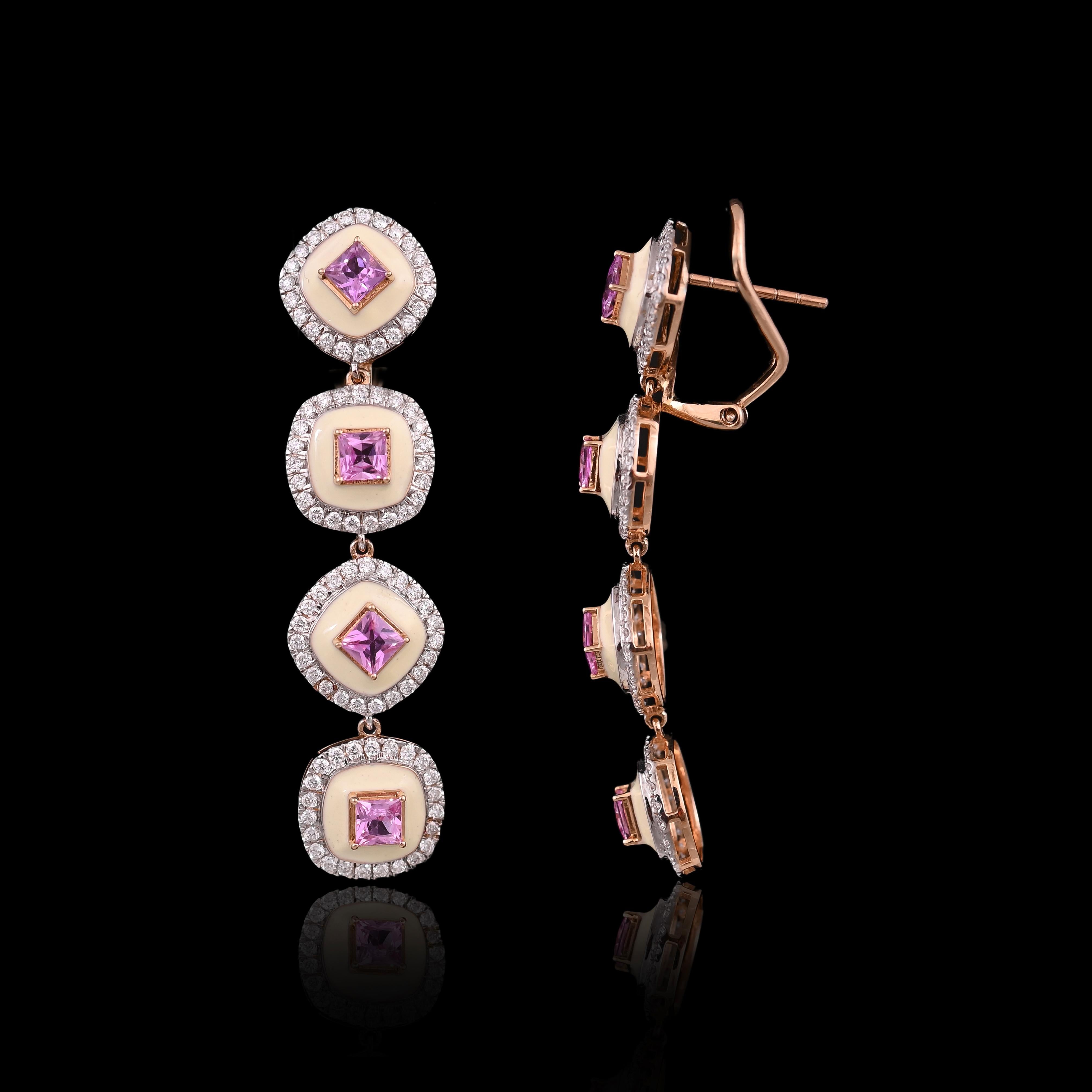 3.70 carats Pink Sapphire, White Enamel & Diamonds Chandelier/Dangle Earrings For Sale 2