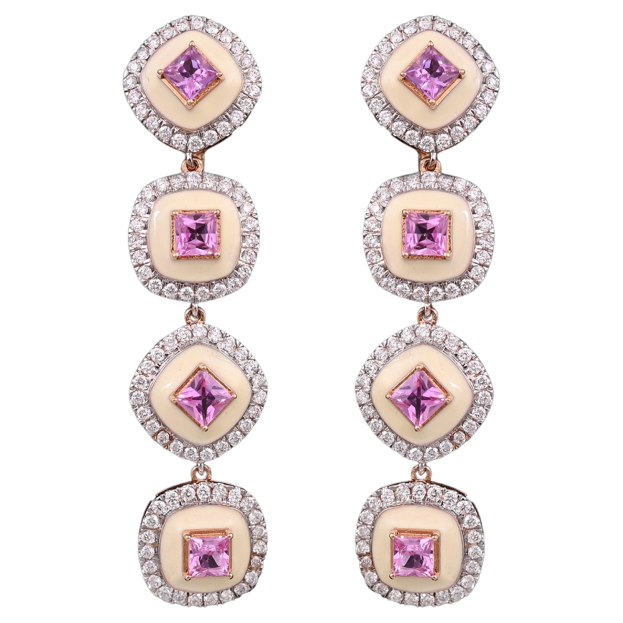 3.70 carats Pink Sapphire, White Enamel & Diamonds Chandelier/Dangle Earrings For Sale