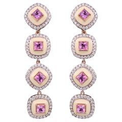 Kronleuchter/Dangle Ohrringe mit 3,70 Karat rosa Saphir, weißer Emaille und Diamanten