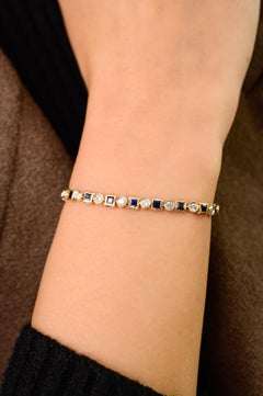 Bracciale tennis con zaffiri blu naturali e diamanti da 3,70 carati in oro 14K