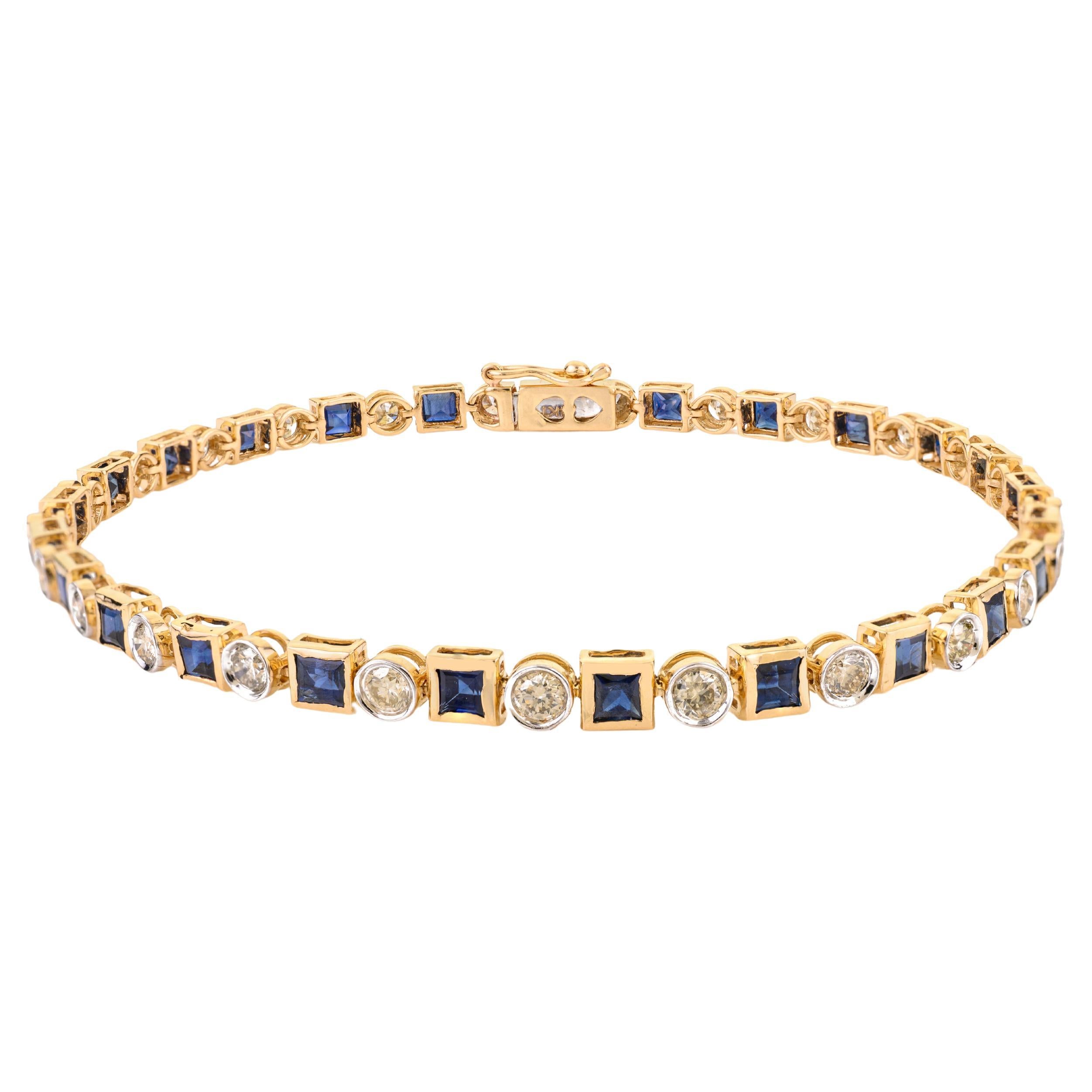 3.70 Ct Princess Cut Natural Blue Sapphire & Diamond Tennis Bracelet in 14K Gold