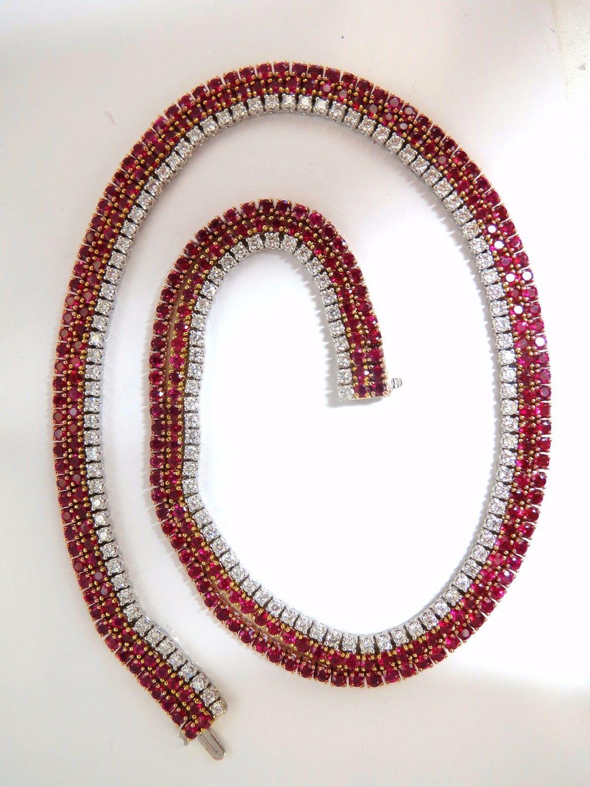 37.02 Carat Natural Vivid Red Ruby Diamonds Tennis Necklace Riviera Three Link In New Condition In New York, NY