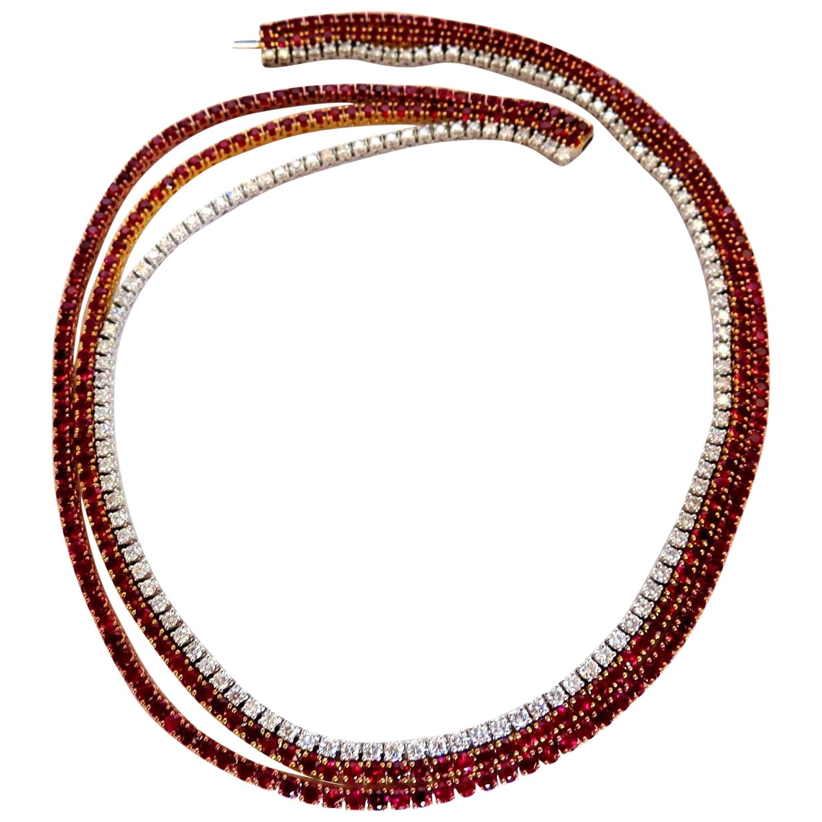 37.02 Carat Natural Vivid Red Ruby Diamonds Tennis Necklace Riviera Three Link