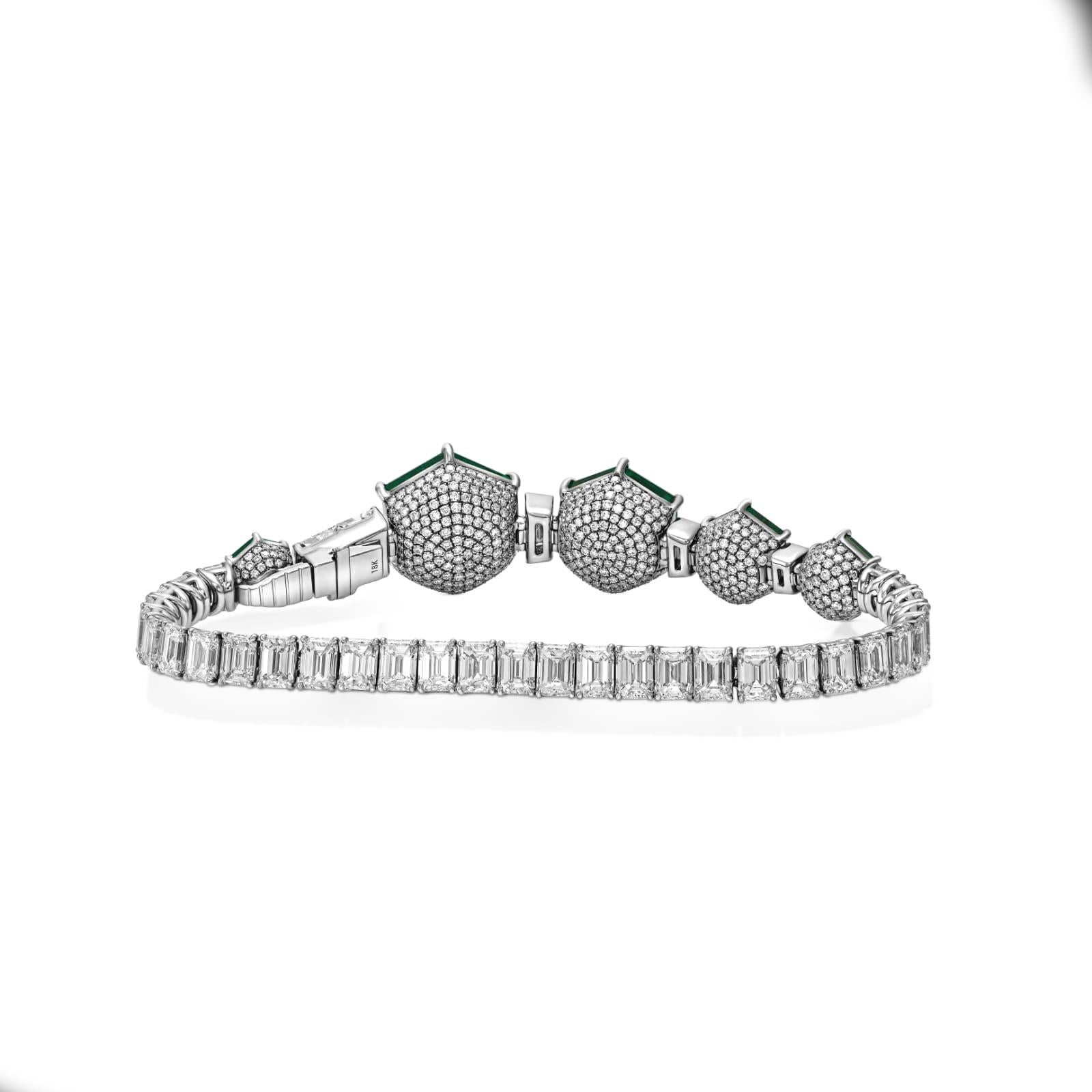 Art Déco Bracciale di smeraldi e diamanti naturali da 37,08 carati, certificato EGL in vendita