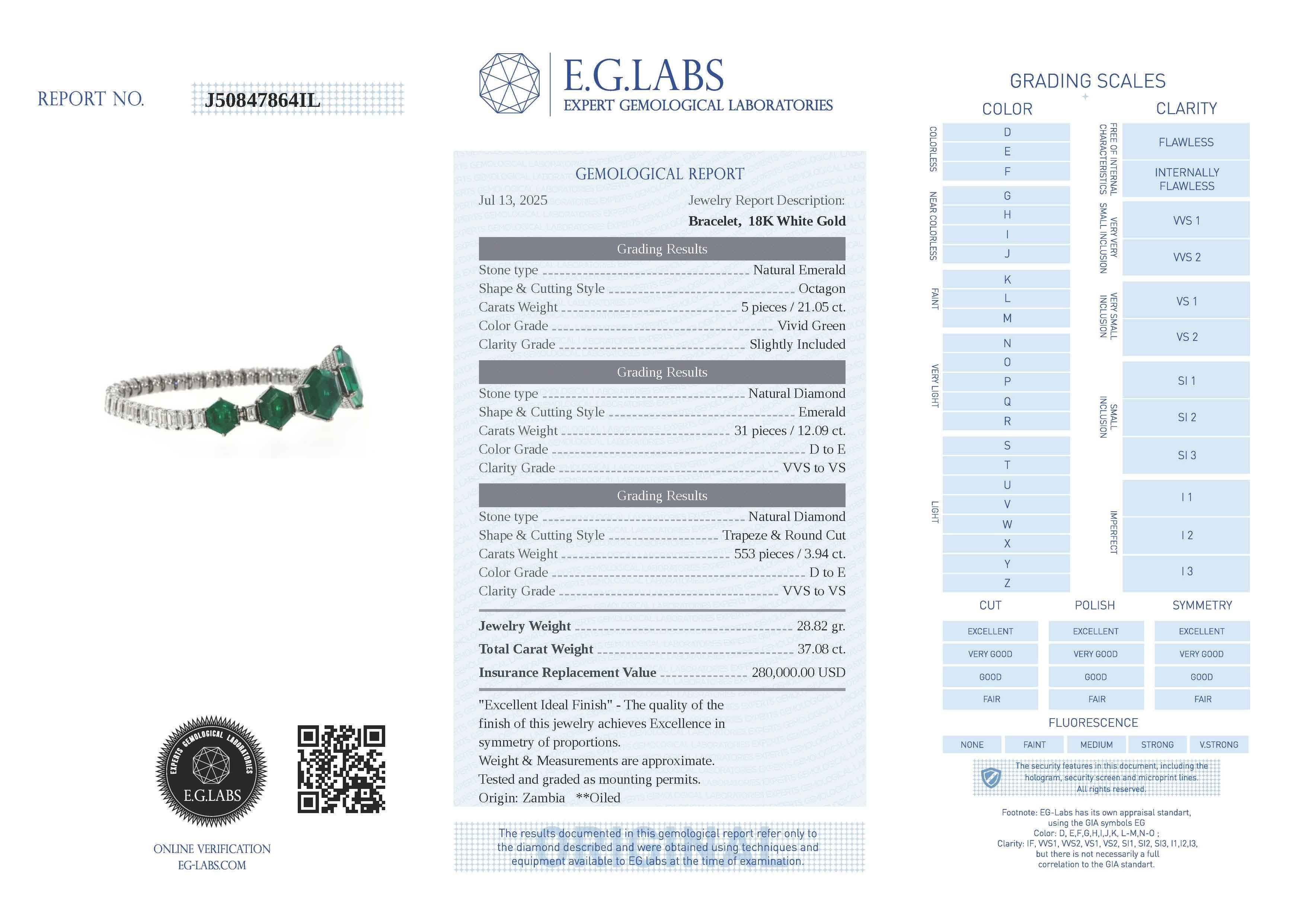 Bracciale di smeraldi e diamanti naturali da 37,08 carati, certificato EGL In condizioni Nuovo in vendita a New York, NY