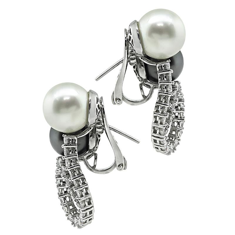Round Cut 3.70 Carat Diamond South Sea Pearl Earrings For Sale