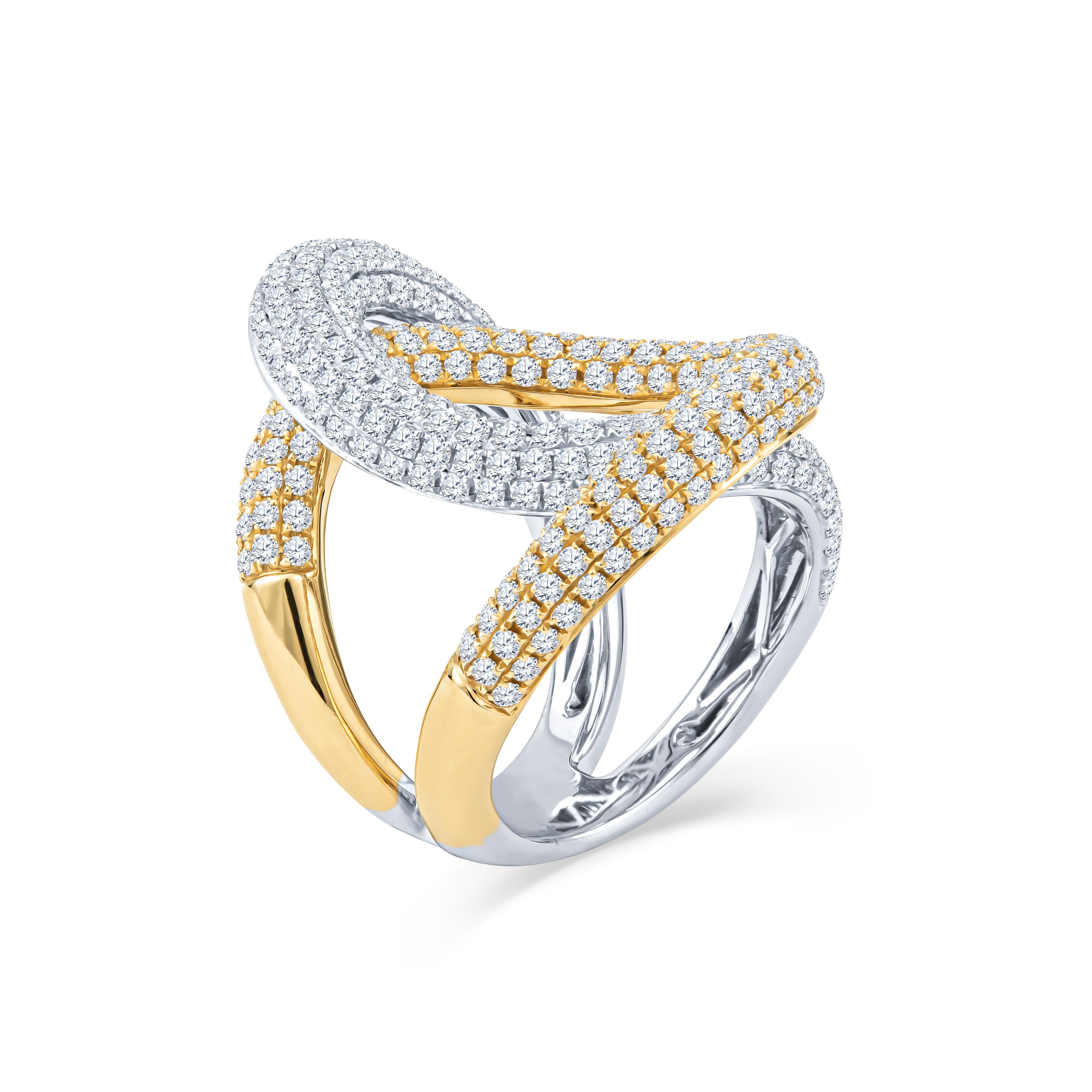 Round Cut 3.70 Carat Pave Diamond 18 Karat White and Yellow Gold Swirl Ring For Sale