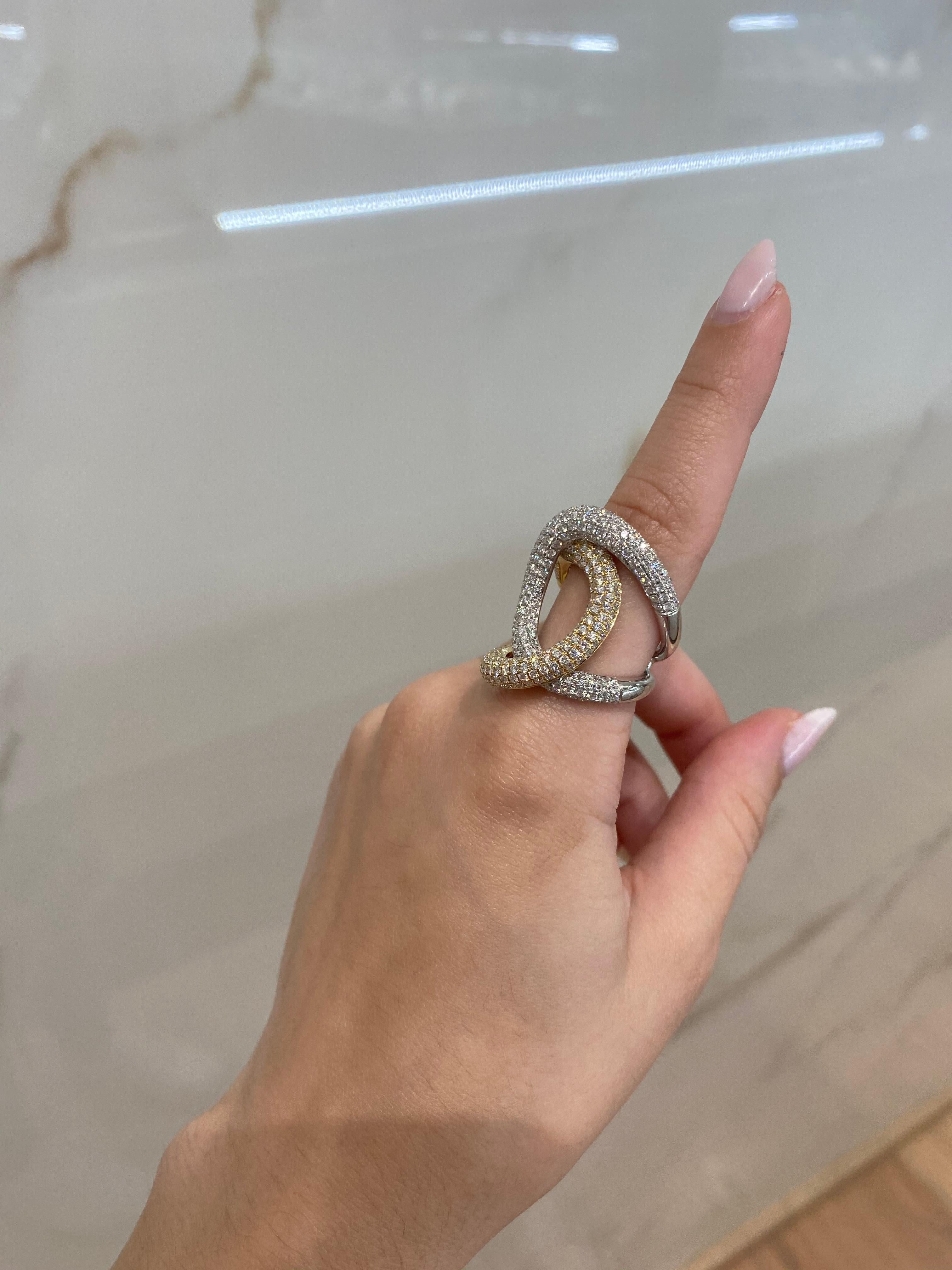 Women's or Men's 3.70 Carat Pave Set Diamond 18 Karat White and Yellow Gold Swirl Ring For Sale