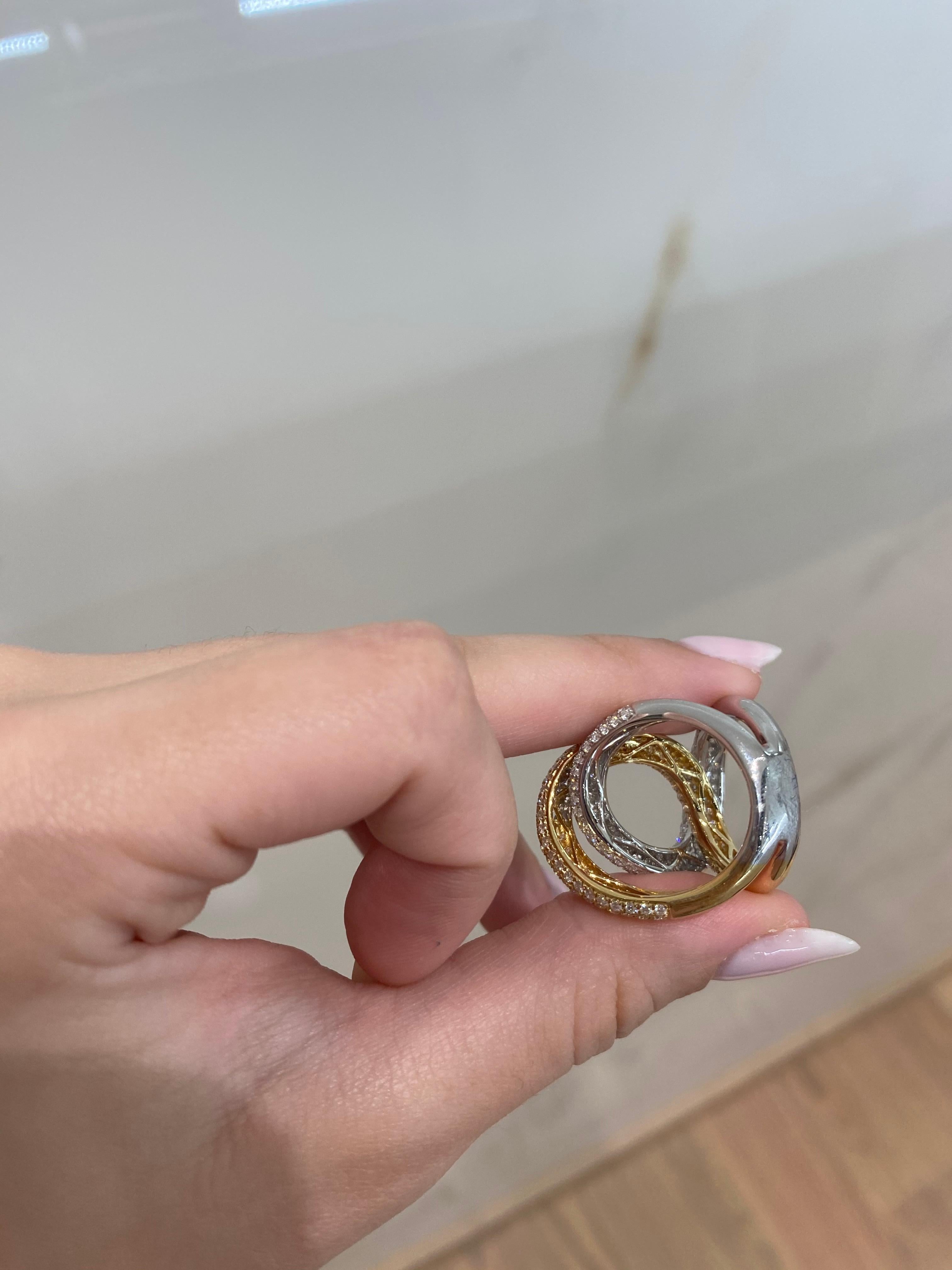 3.70 Carat Pave Set Diamond 18 Karat White and Yellow Gold Swirl Ring For Sale 1