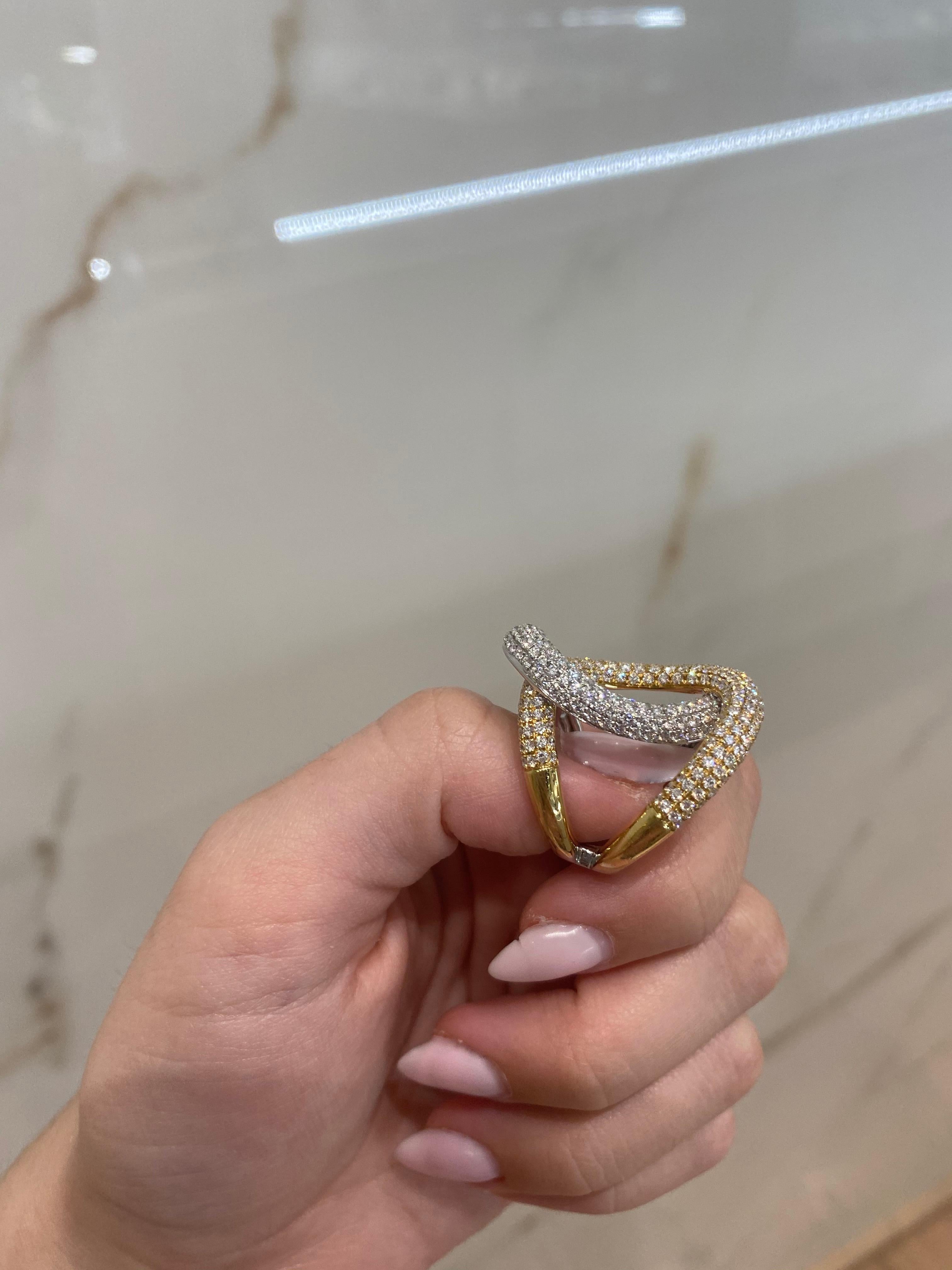 3.70 Carat Pave Set Diamond 18 Karat White and Yellow Gold Swirl Ring For Sale 2