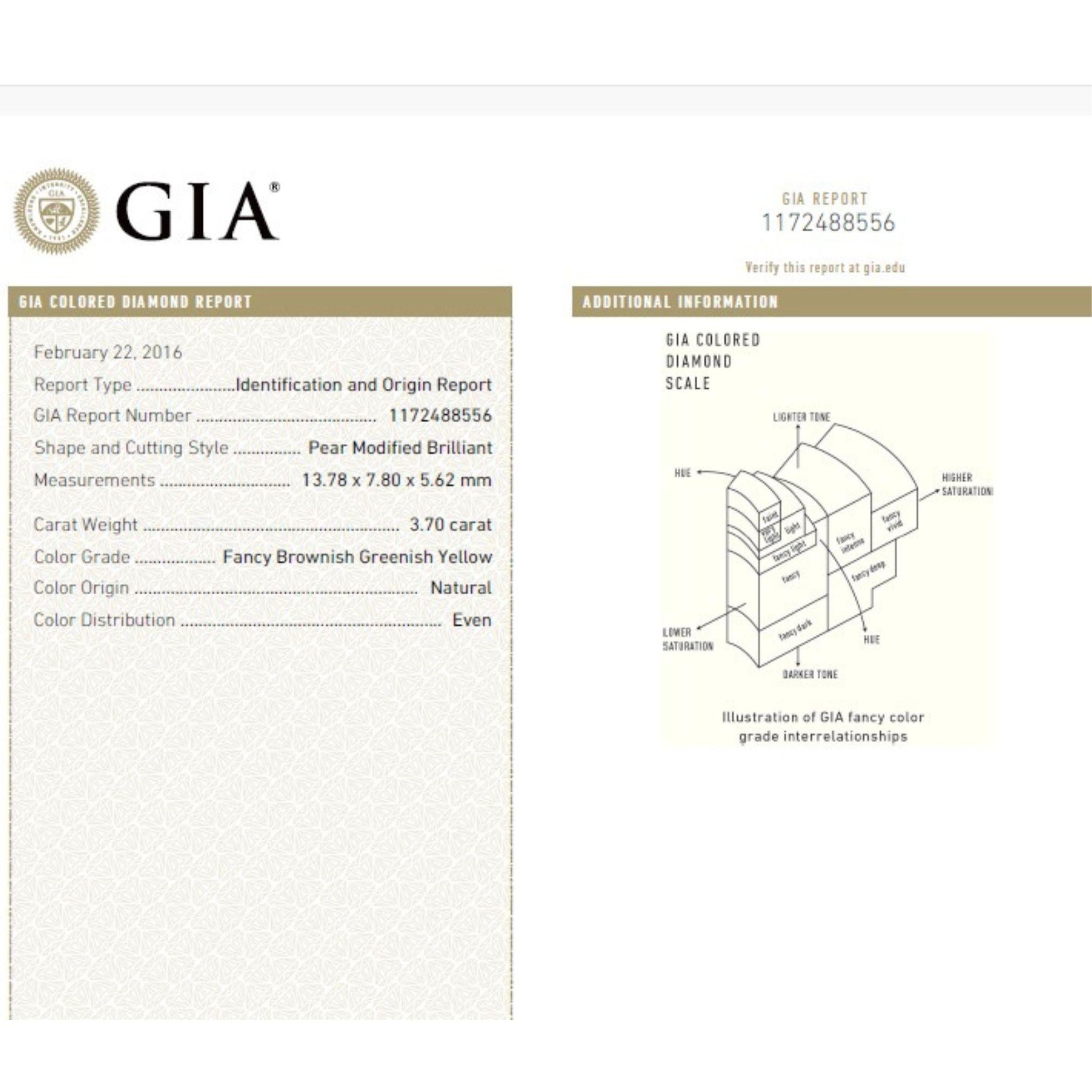 Anillo de diamantes naturales de color fantasía GIA en forma de pera de 3,70 ct y diamantes blancos de 2,80 ct en venta 1