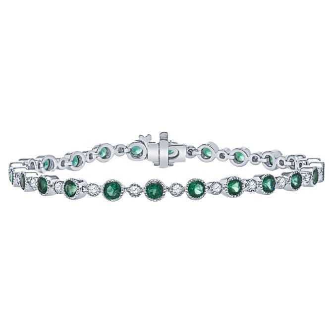 3.70ctw Round Emeralds & 0.72ctw Round Diamonds 14 Karat White Gold Bracelet For Sale