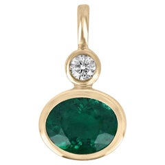 3.70tcw 14K Dark Green Oval Emerald & Diamond Pendant Bezel Set Modern Necklace