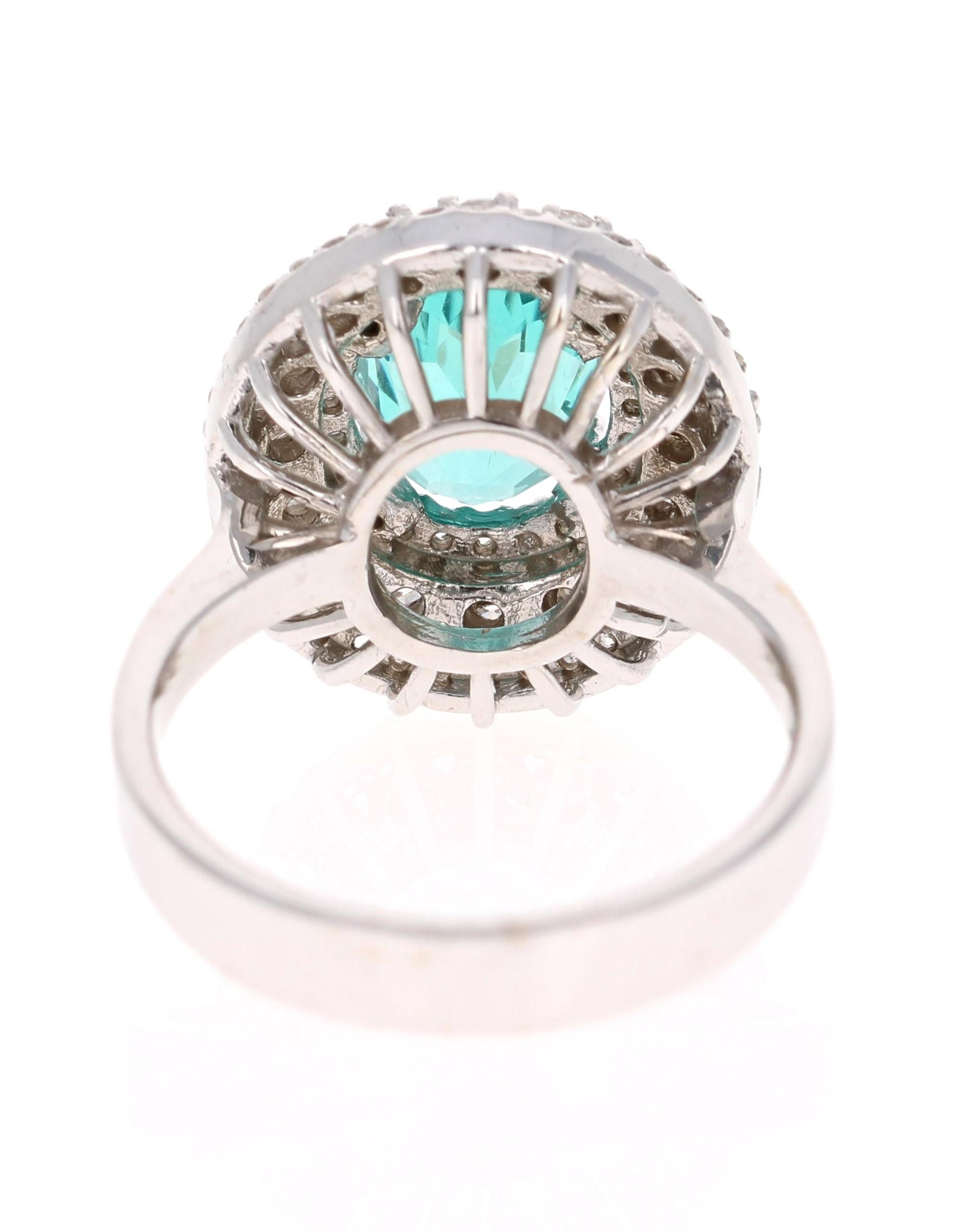 Oval Cut 3.71 Carat Apatite Diamond Ring 14 Karat White Gold Cocktail Ring