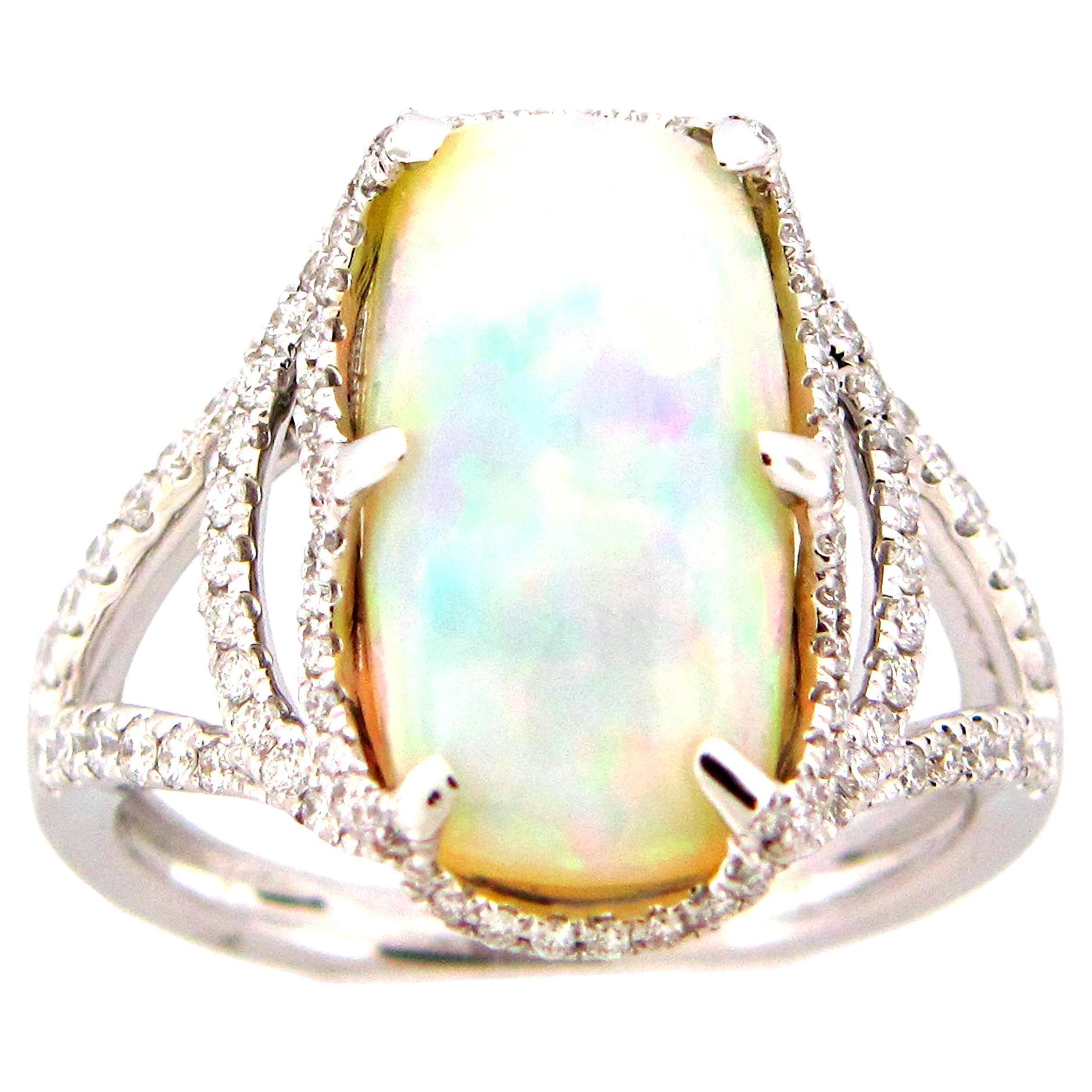 3.71 Carat Cushion Ethiopian Opal and Diamond Ring For Sale