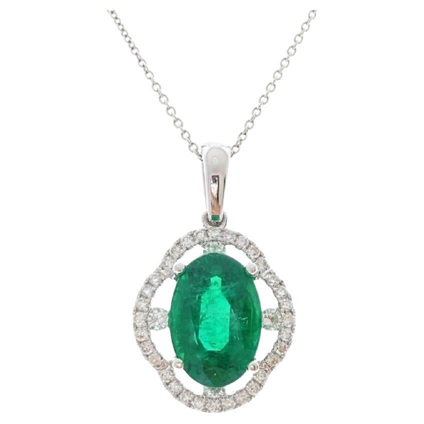 3.71 Carat Green Oval Emerald & Diamond Pendant In 14k White Gold