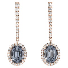 3.71 Carat Grey Spinel Oval Diamond Drop Earrings 18K Rose Gold Merkaba Jewelry