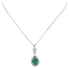 3.71 Carat Pear Shaped Emerald & Diamonds Pendant in 18K White Gold