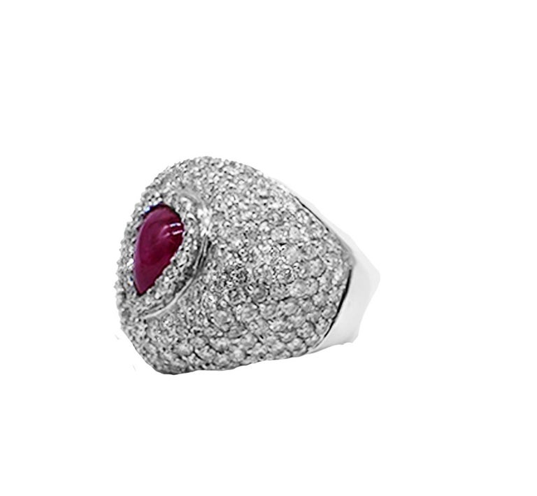 Cabochon 3.71 Carat Ruby and 8 Carat Diamond Dome Ring 18 Karat White Gold For Sale