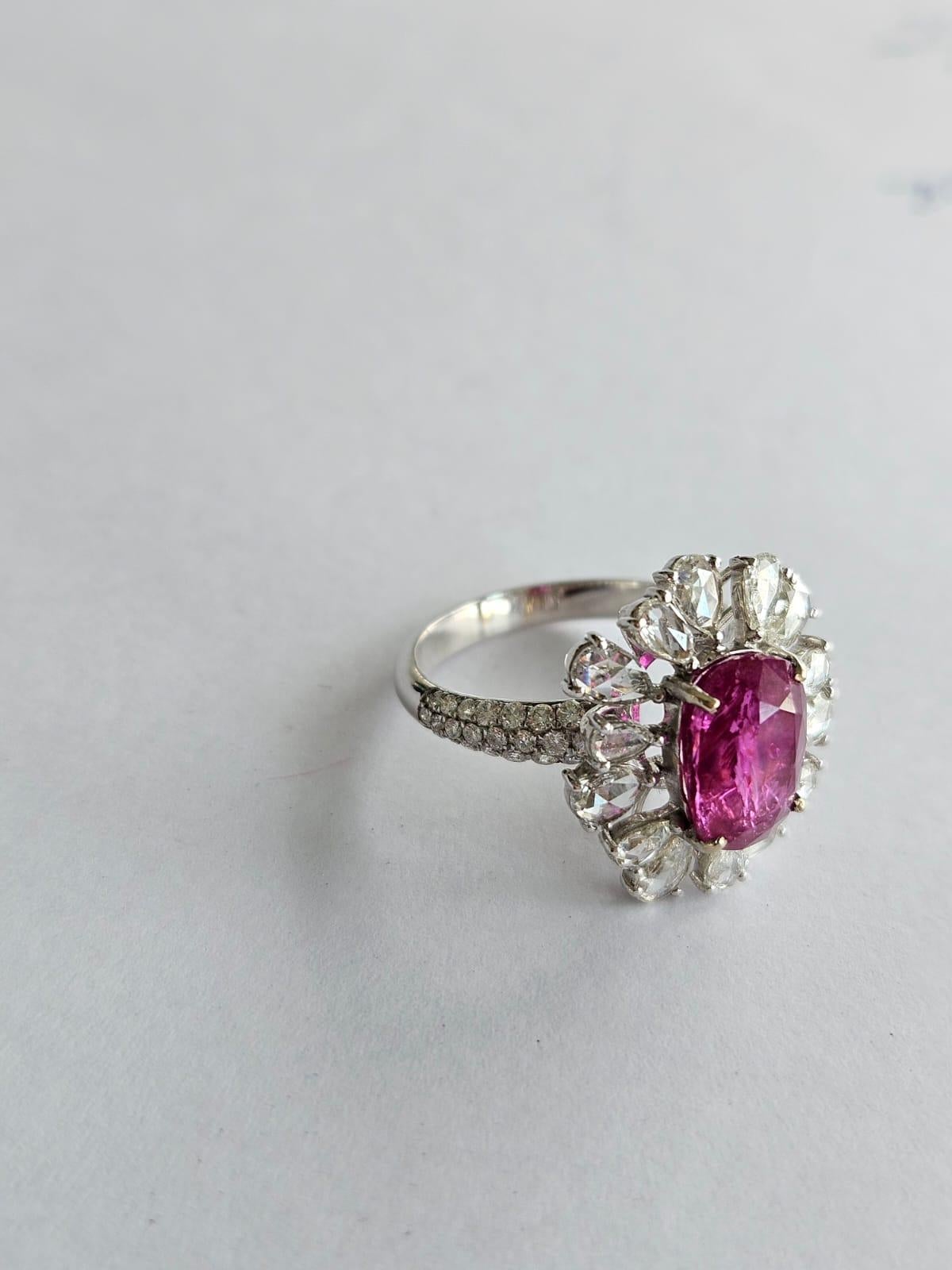 Modern 3.71 carats un-heat Burmese Ruby & Rose Cut Diamonds Engagement Ring For Sale