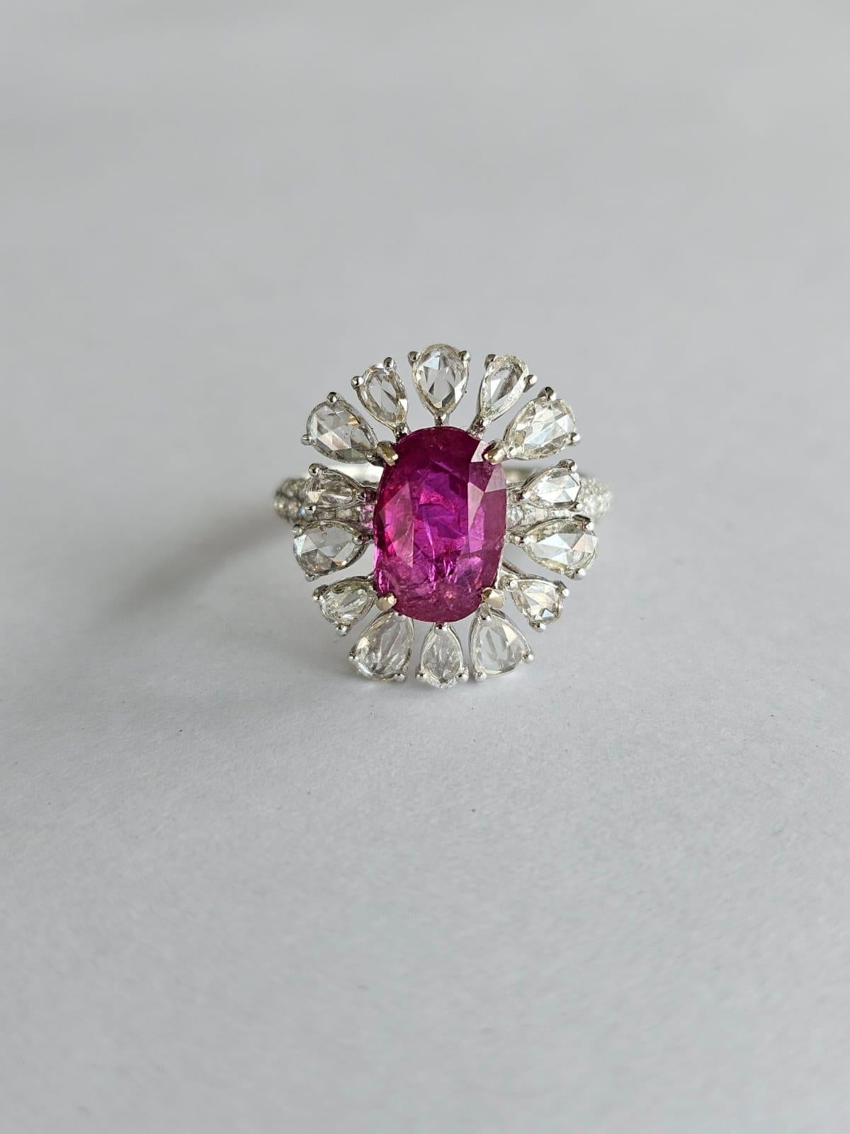 3.71 carats un-heat Burmese Ruby & Rose Cut Diamonds Engagement Ring In New Condition For Sale In Hong Kong, HK