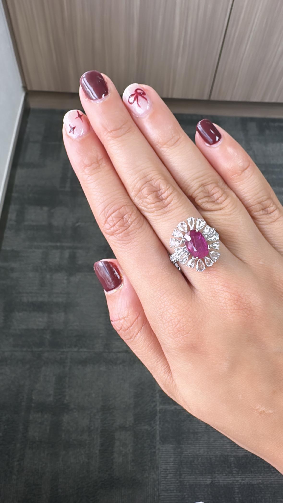 3.71 carats un-heat Burmese Ruby & Rose Cut Diamonds Engagement Ring For Sale 1