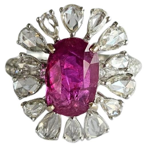 3.71 carats un-heat Burmese Ruby & Rose Cut Diamonds Engagement Ring For Sale
