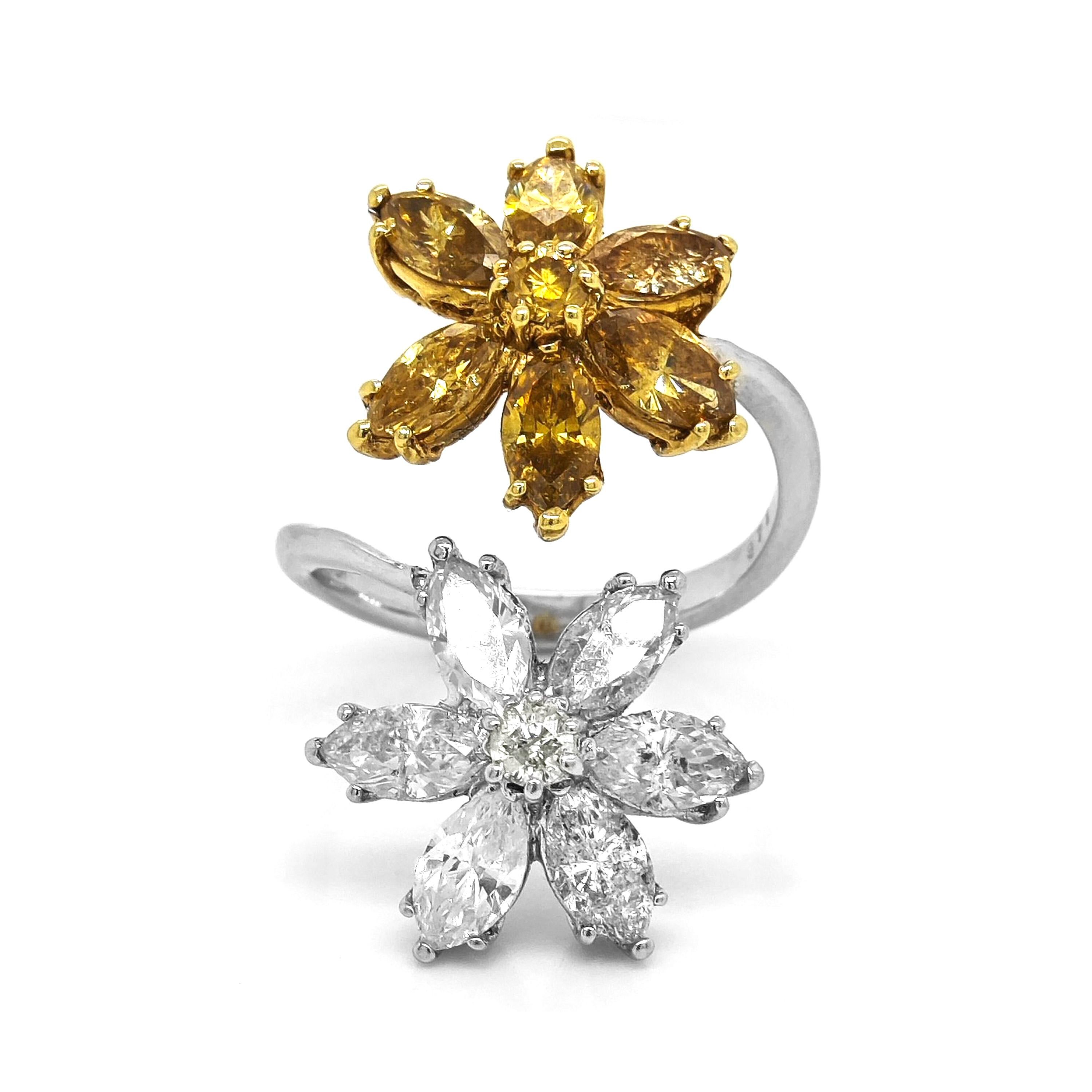 Mixed Cut 3.71 Carats Yellow and White Diamond White and Yellow Gold Ring For Sale