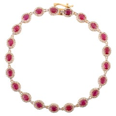 Bracciale tennis con diamanti e rubini ovali naturali da 3,71 carati in oro giallo 18 carati