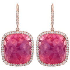37.10 Carat Cushion Pink Sapphire Slice Dangle Earrings with Diamond Halos