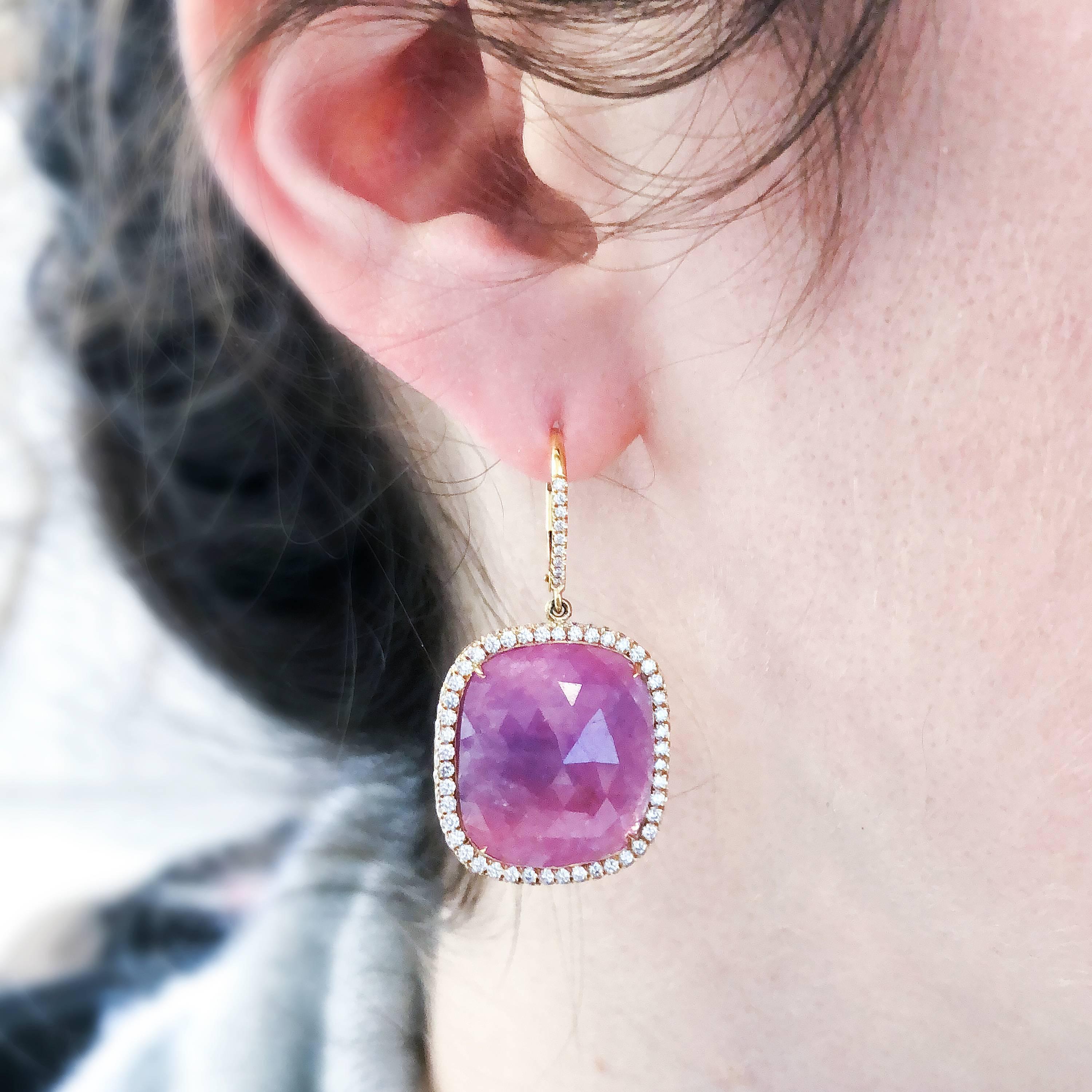 37.10 ctw cushion pink sapphire slices
1.43 tw round diamonds on halos and leverbacks (190 stones)
18k rose gold colored stone dangle earrings
statement earrings