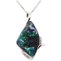 Vintage 37.17ct Boulder Opal, Diamond 
18K White Gold Necklace