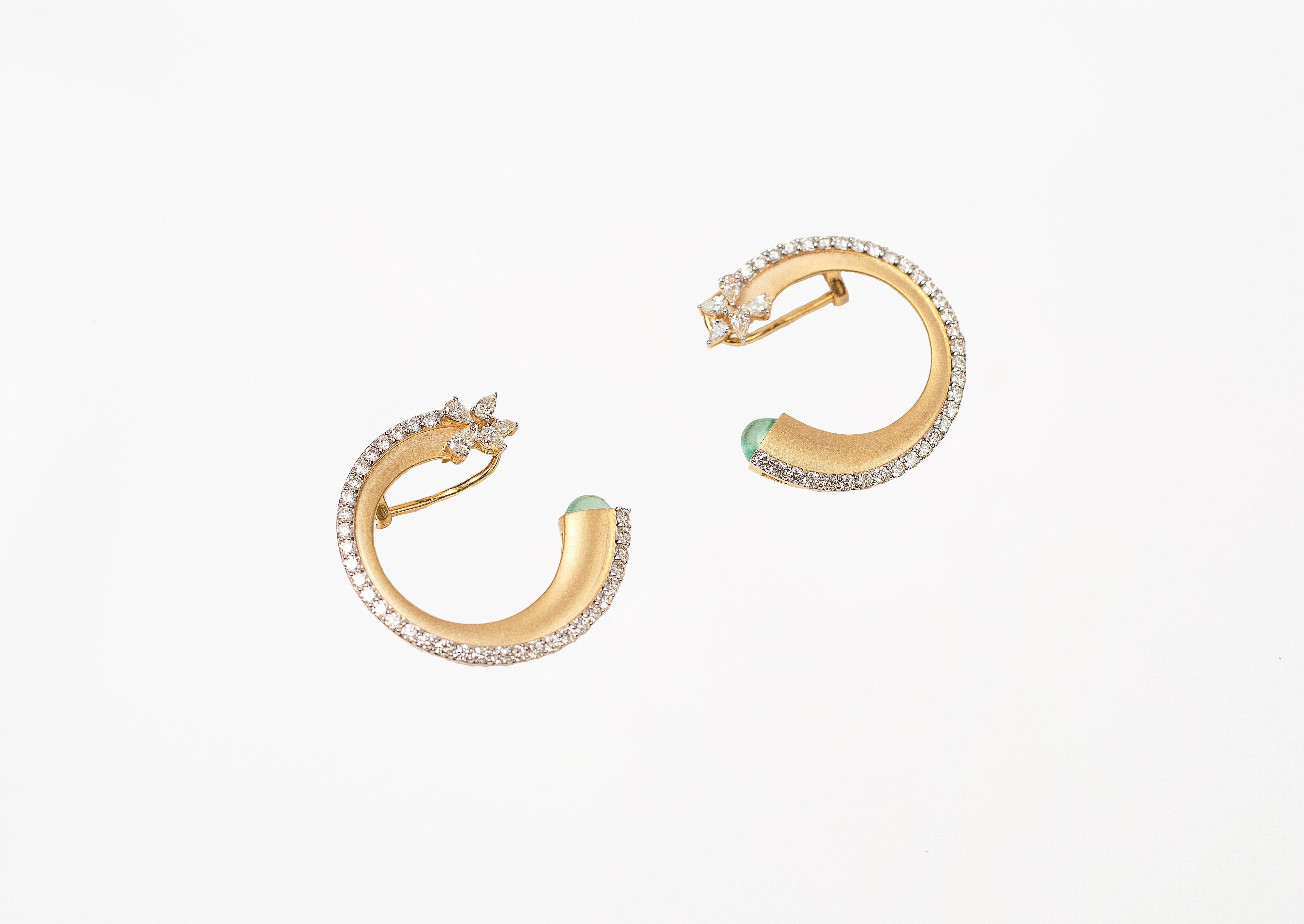 Handcrafted Contemporary Earrings in 18K Gold studded with 3.71 cts White Diamond and Natural Cabouchon Emeralds.
Gold Weight - 15.626
Diamond Weight - 3.71 cts
Emerald Weight - 2.17 cts 
Diamond Clarity - Vs
Colour - G
Emerald  - Natural
Post and